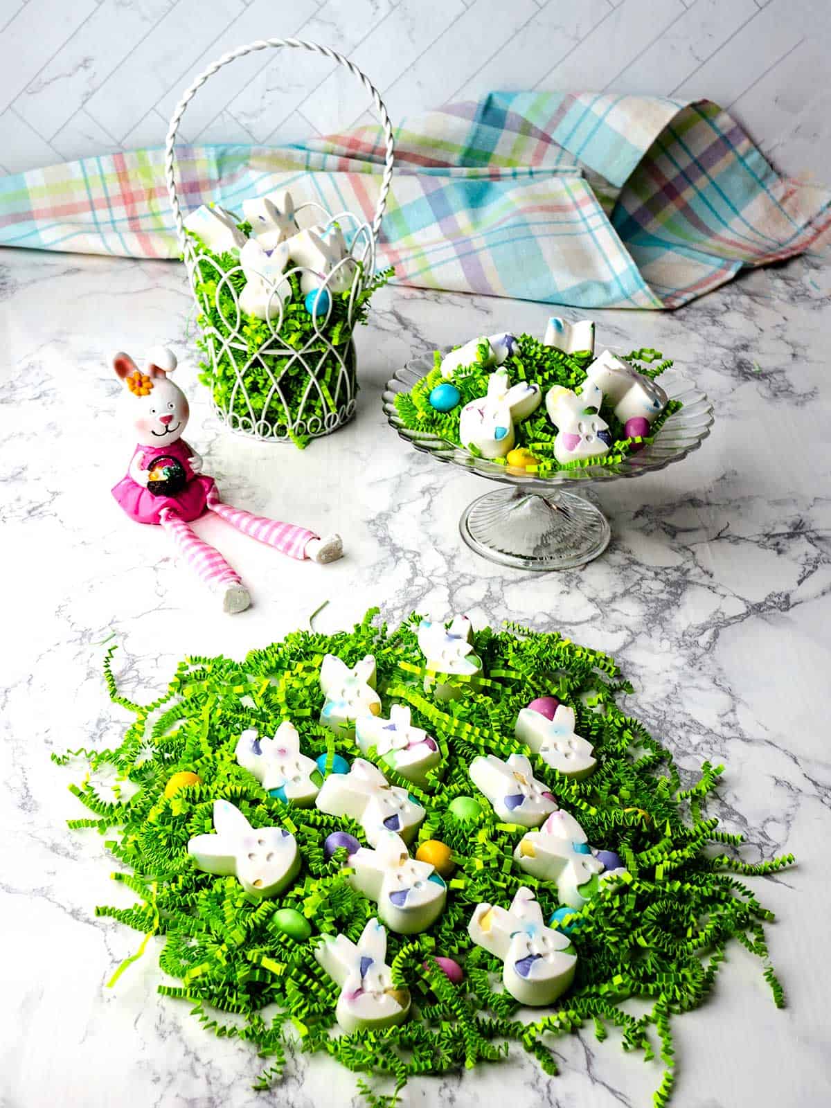 Easter Candy in the shape of a bunny on Easter grass. 