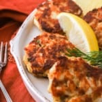 Fish cakes on a white plate shaped like a fish.