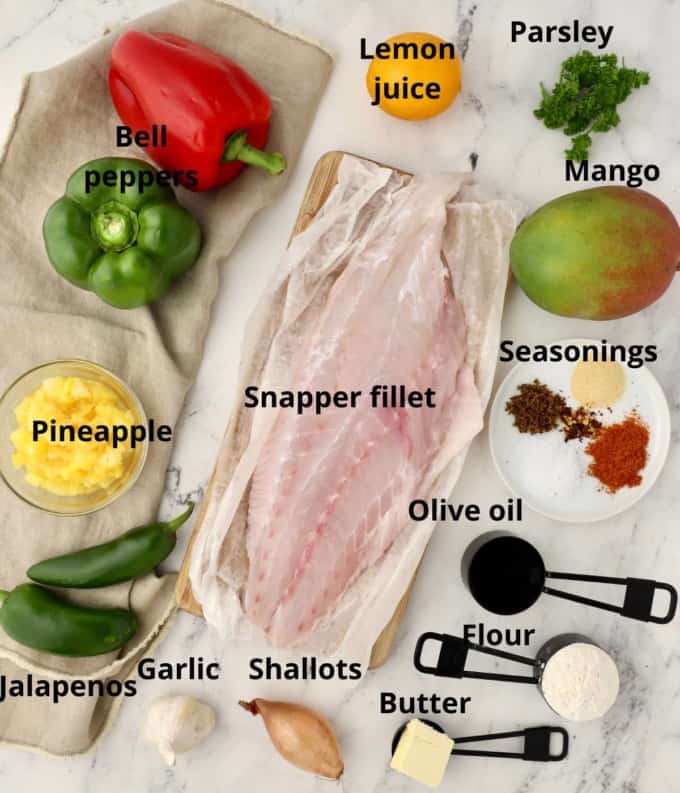 A red snapper fillet and ingredients to make mango salsa. 