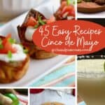 Pinterest pin, collage of 5 different Cinco de Mayo dishes, including a margarita, mini taco cups, and a quesadilla.