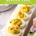 Pinterest pin showing a serving platter of deviled eggs.