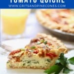 Pinterest pin showing a slice of spinach and bacon quiche with tomatoes.