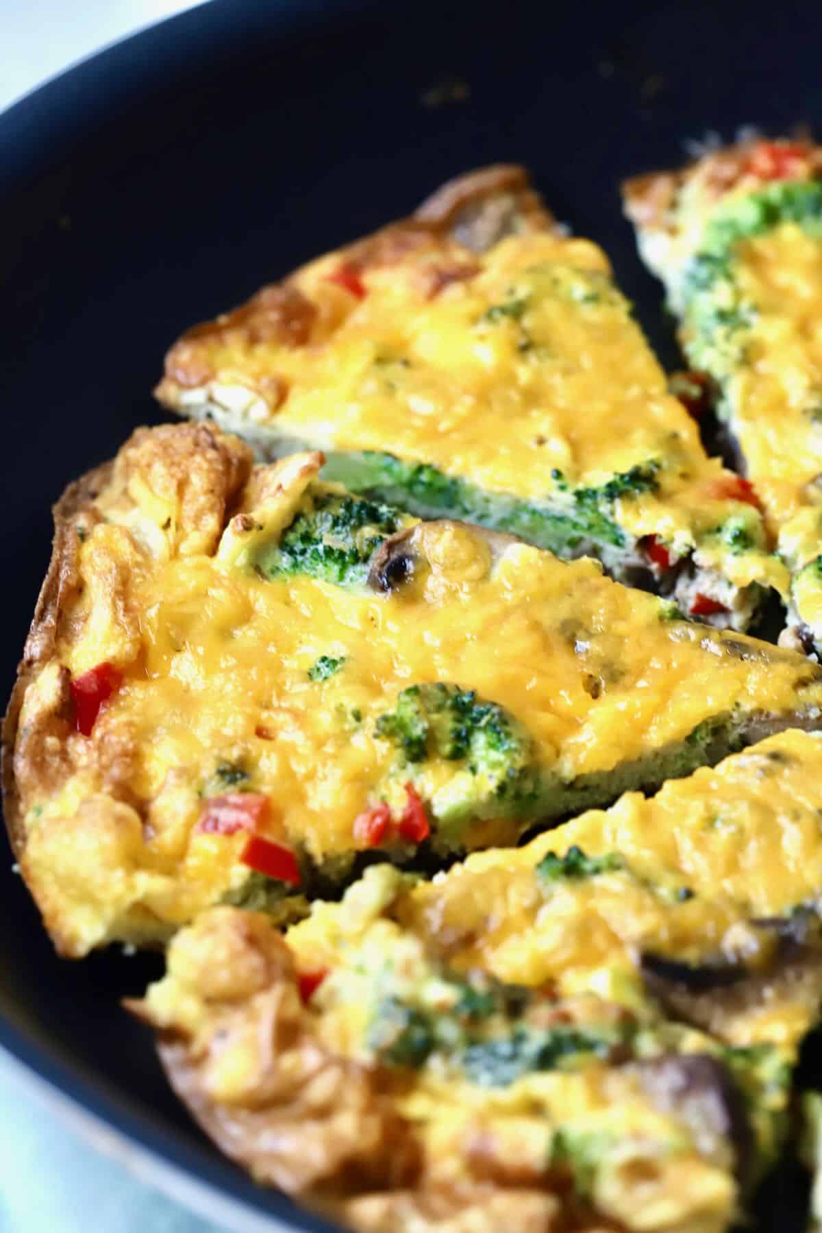 Slices of mushroom and broccoli frittata in a skillet. 