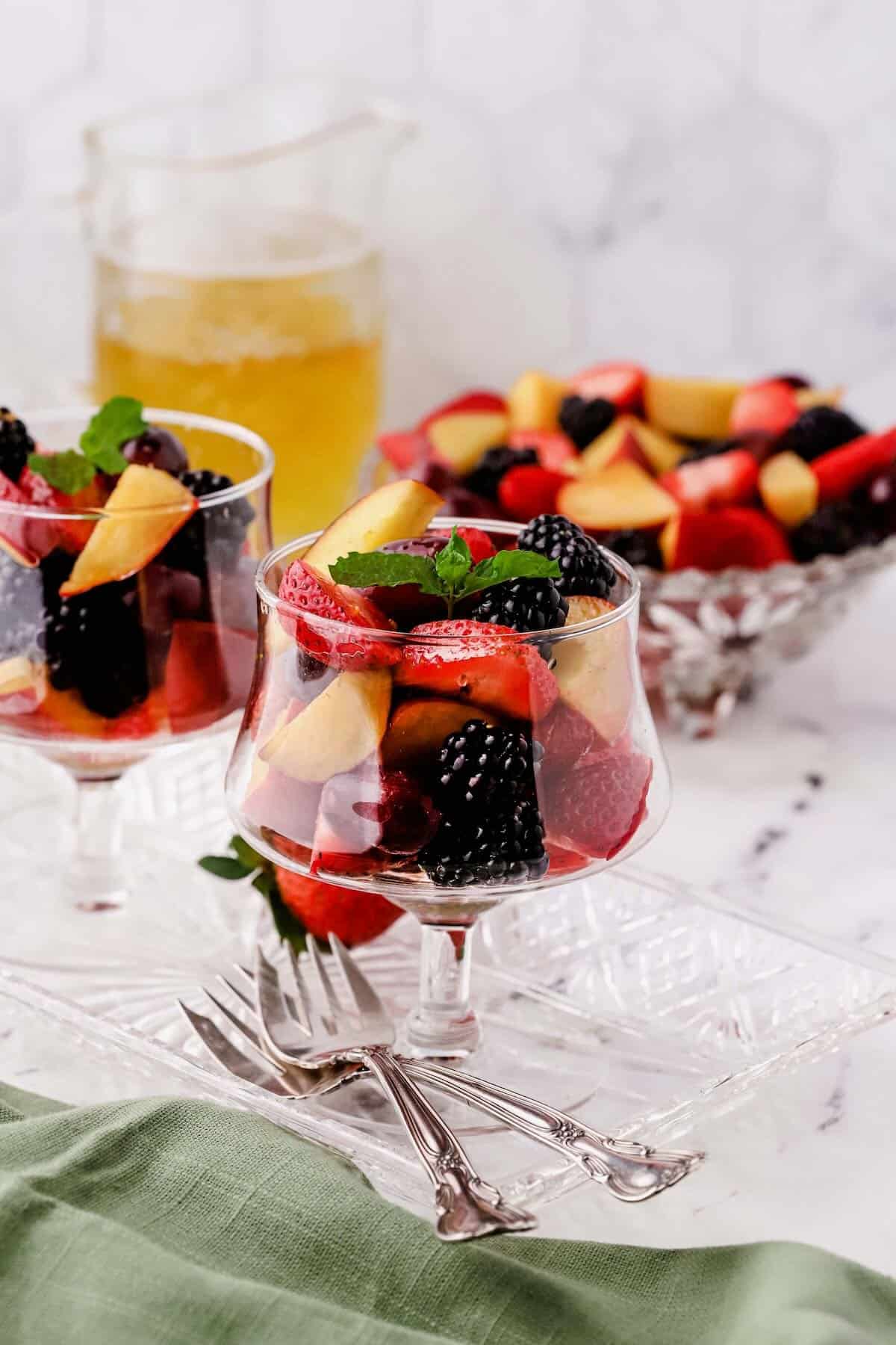 Fruit salad in a glass serving dish. 