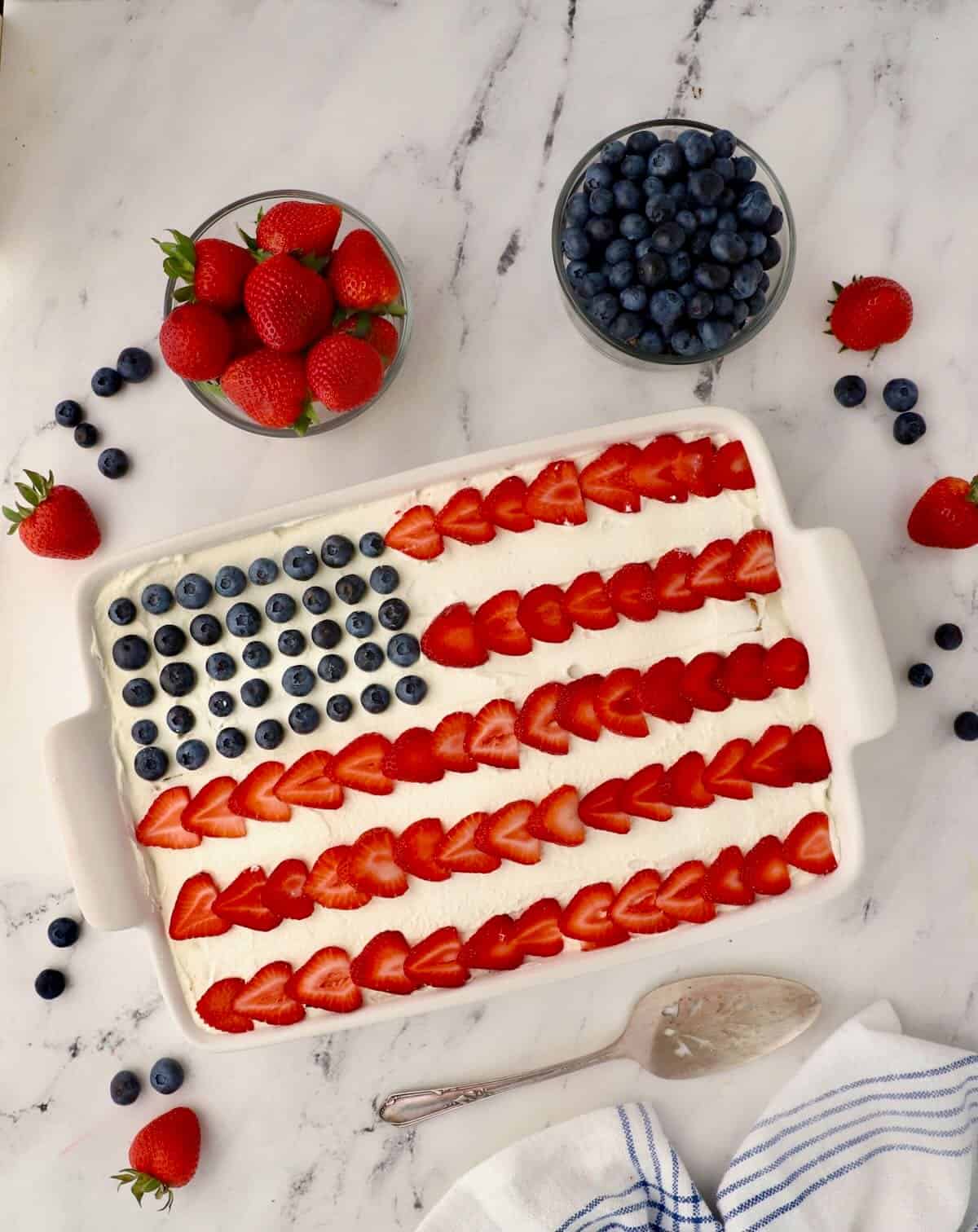 An icebox cake decorated like a flag for the 4th of July.