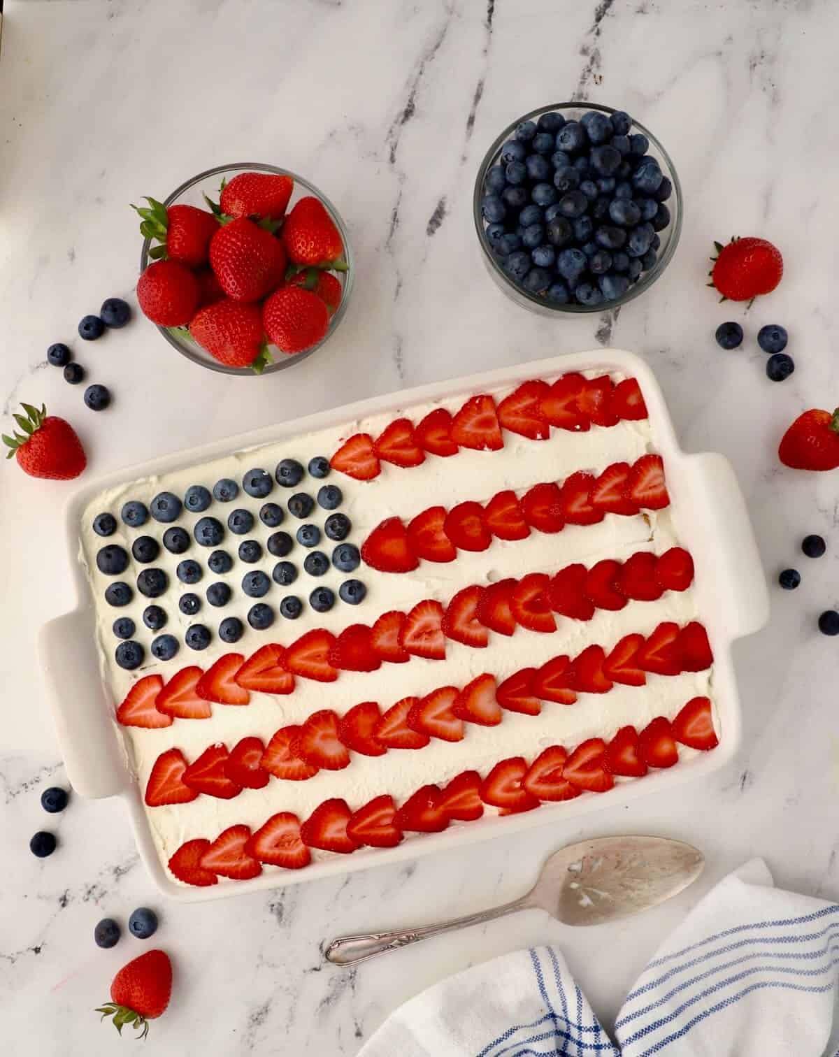 An icebox cake decorated like a flag for the 4th of July. 