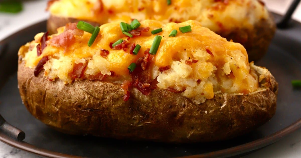 Easy Air Fryer Loaded Twice Baked Potatoes | gritsandpinecones.com