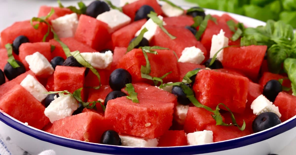 Watermelon Feta Salad with Basil and Blueberries | gritsandpinecones.com