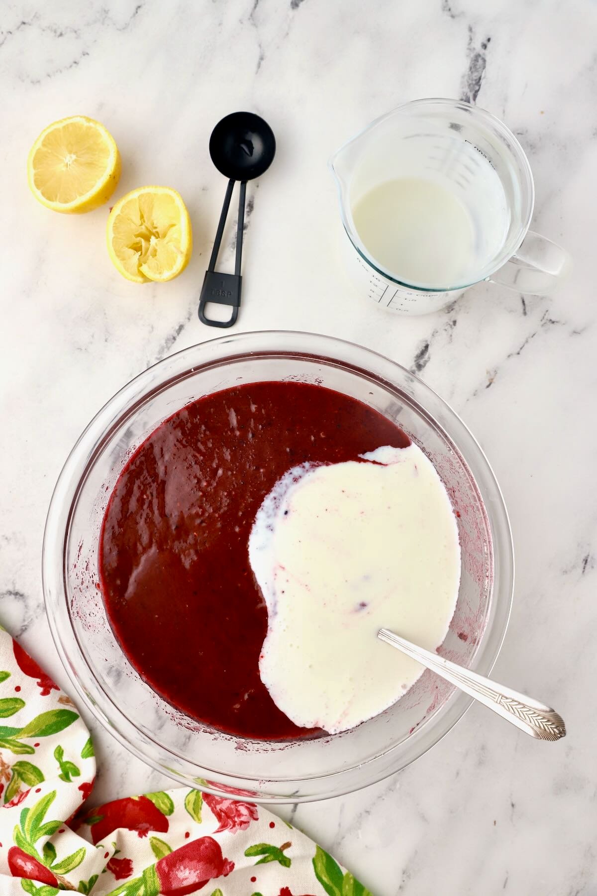 A bowl of mixed berries puree with buttermilk. 