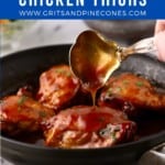Pinterest pin showing a skillet full of chicken thighs with a honey glaze.