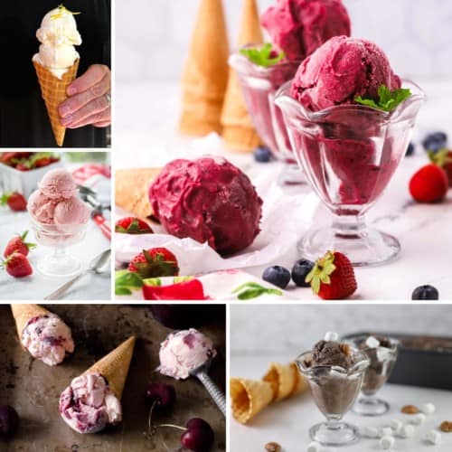 Five different ice cream flavors in cones and dishes.