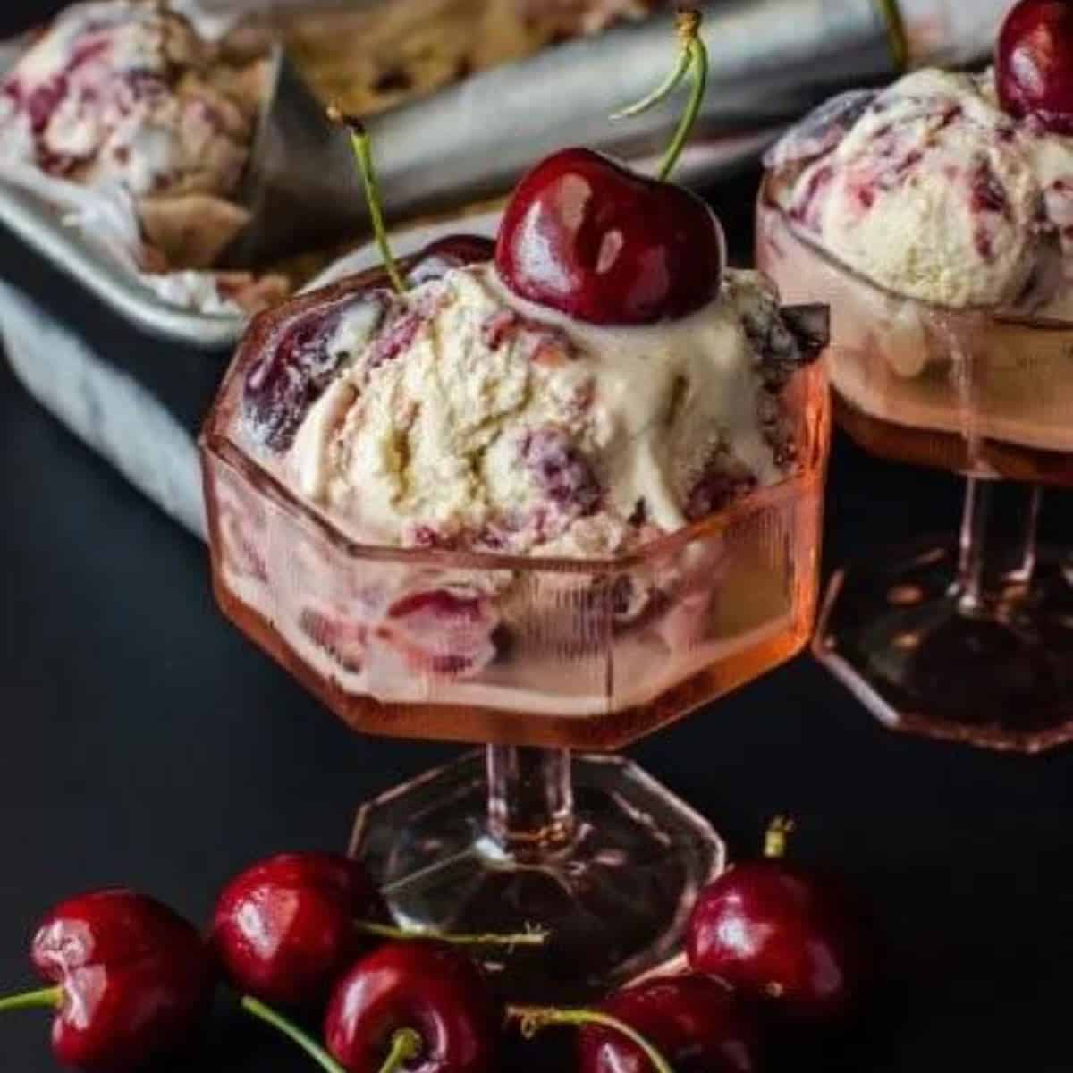 Kahlua Cherri Ice Cream in a pink glass serving dish. 