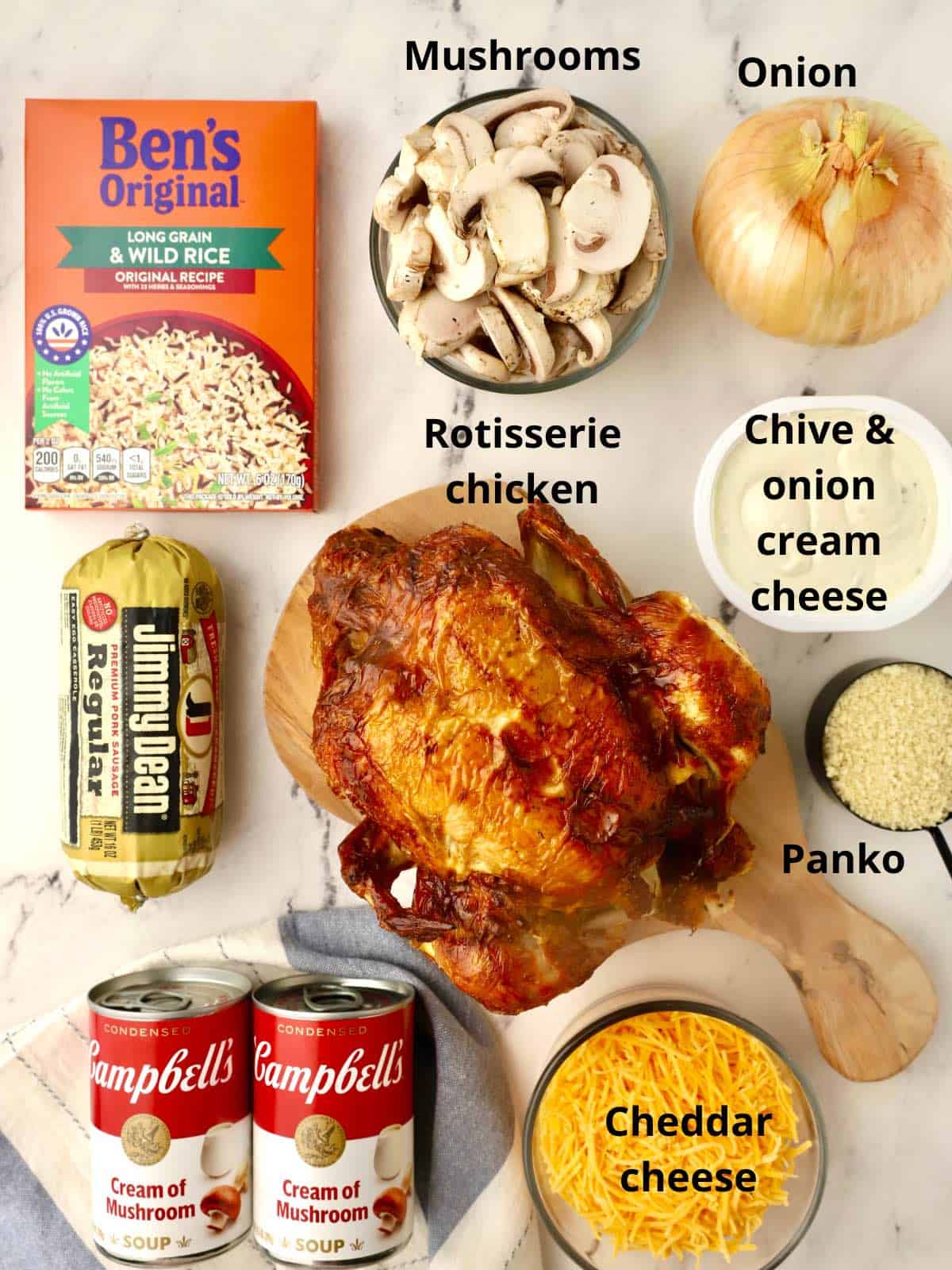 A rotisserie chicken and other ingredients to make a casserole. 