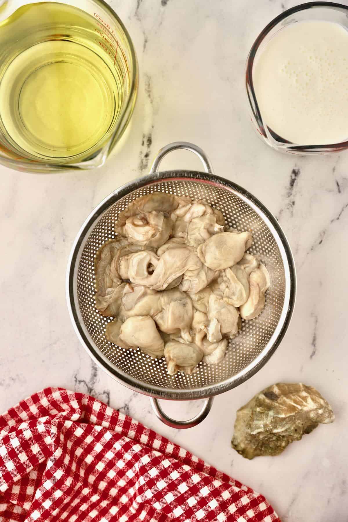 Raw oysters draining in a colander. 