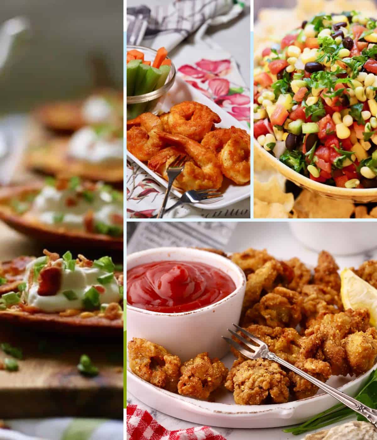 A collage of four different appetizers including fried oysters and baked potato skins. 