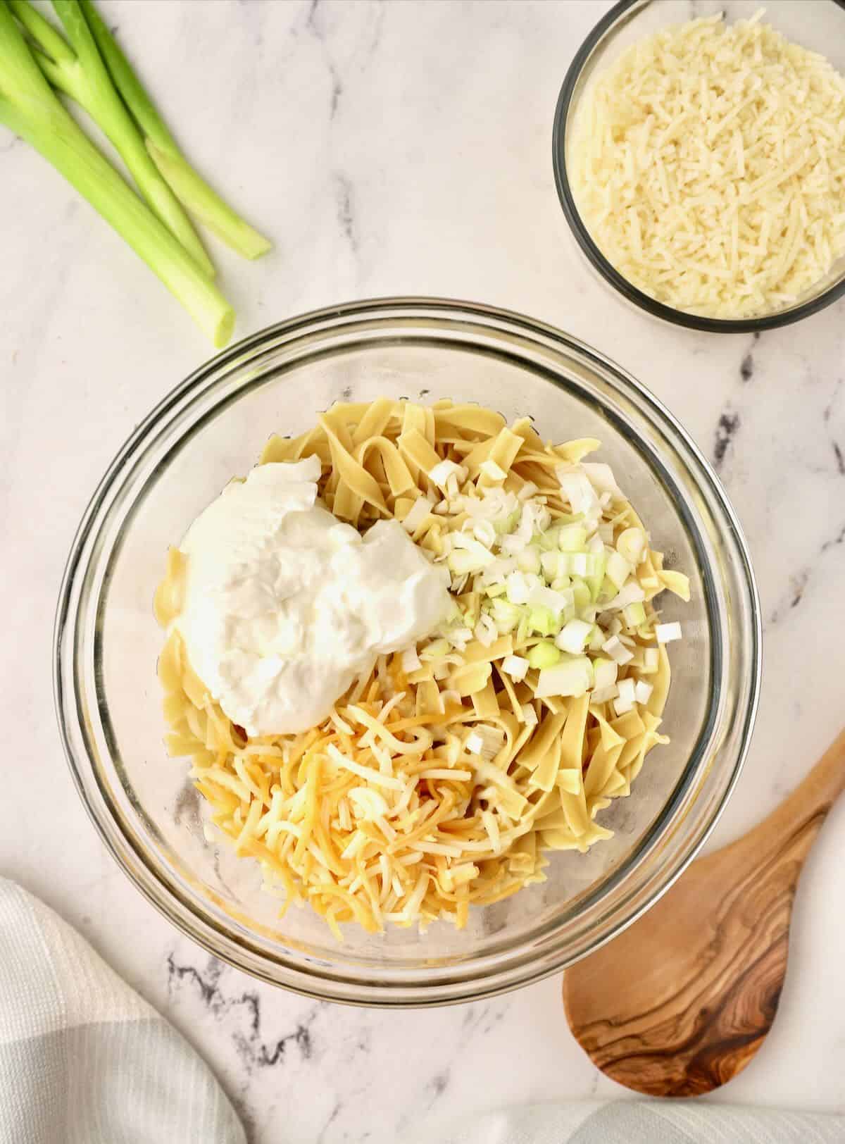 A bowl of egg noodles topped with cheese and sour cream. 