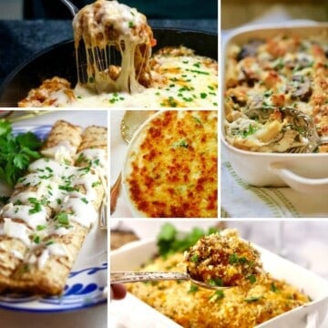 A collage of five different chicken casseroles.