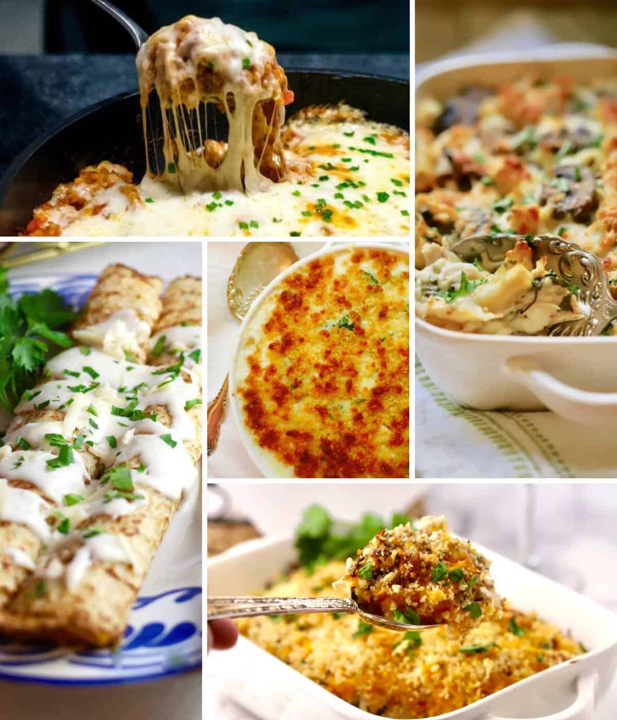 A collection of five different chicken casseroles.