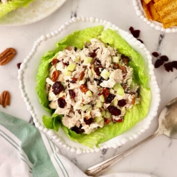 A bowl of chicken salad with cranberries on lettuce.
