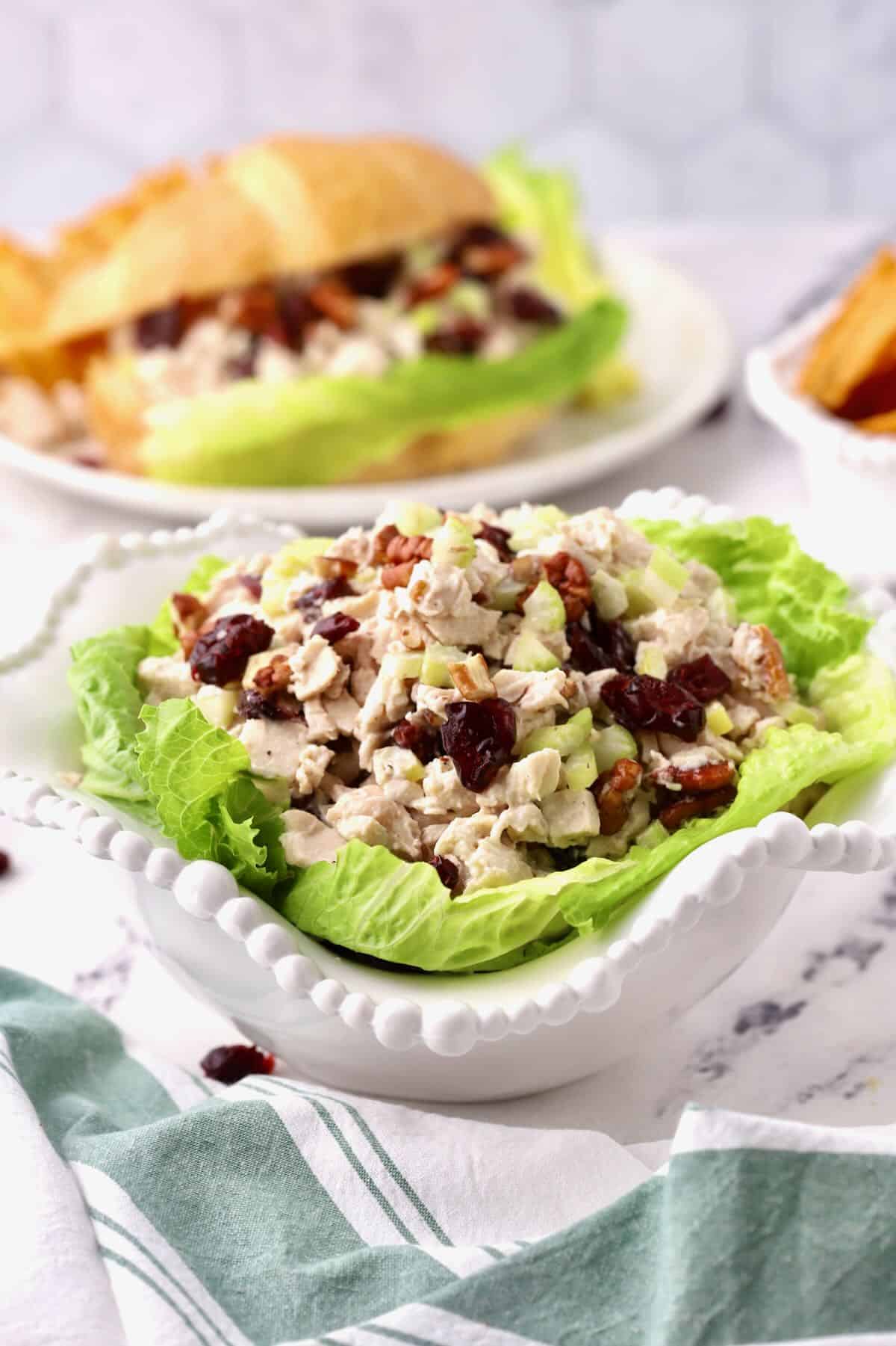 Chicken Salad with Cranberries and Pecans on a bed of lettuce in a white bowl. 
