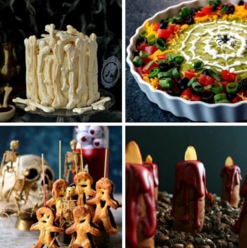A collage of halloween treats including a bone cake, and spider web dip.