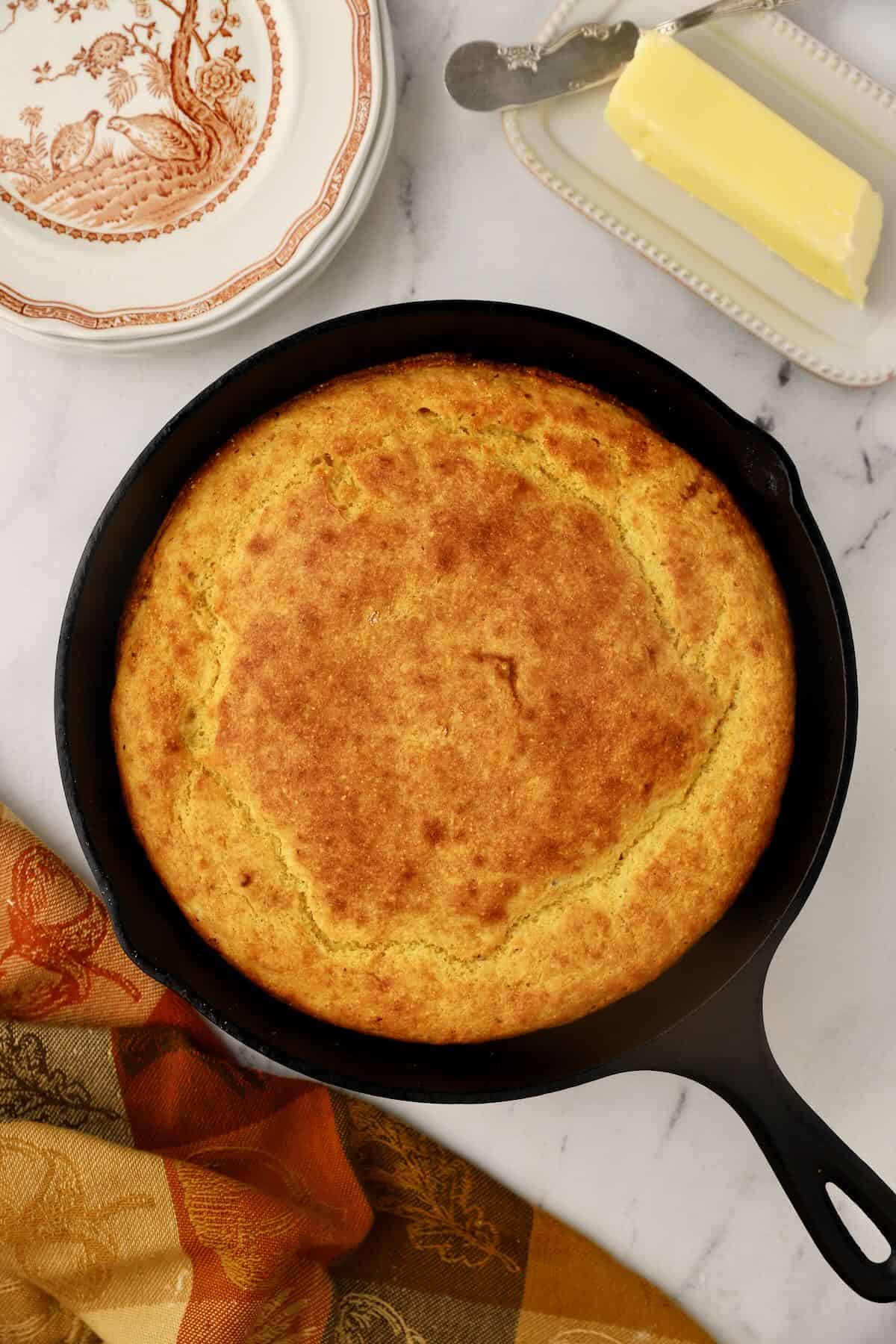 Cornbread in a cast iron skillet.