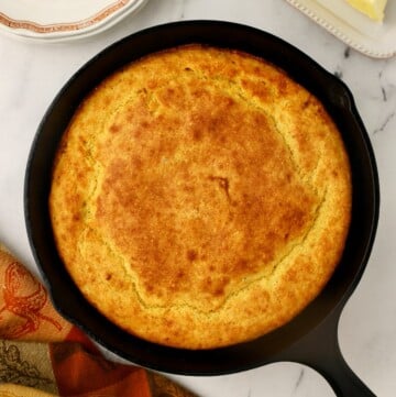 Cornbread in a cast iron skillet.