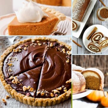 A collage of Thanksgiving desserts including two pies and a bundt cake.
