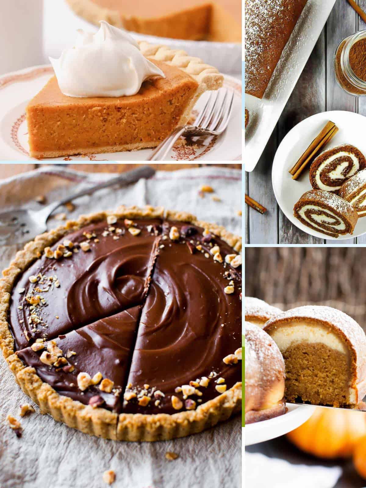 A collage of Thanksgiving desserts including a sweet potato pie and cake.