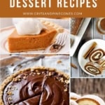 A collage of Thanksgiving desserts including a chocolate tart, and sweet potato pie.