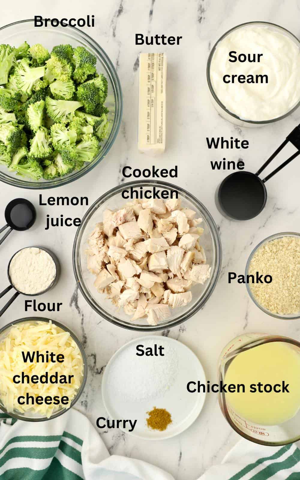 Ingredients for chicken divan including broccoli and sour cream.