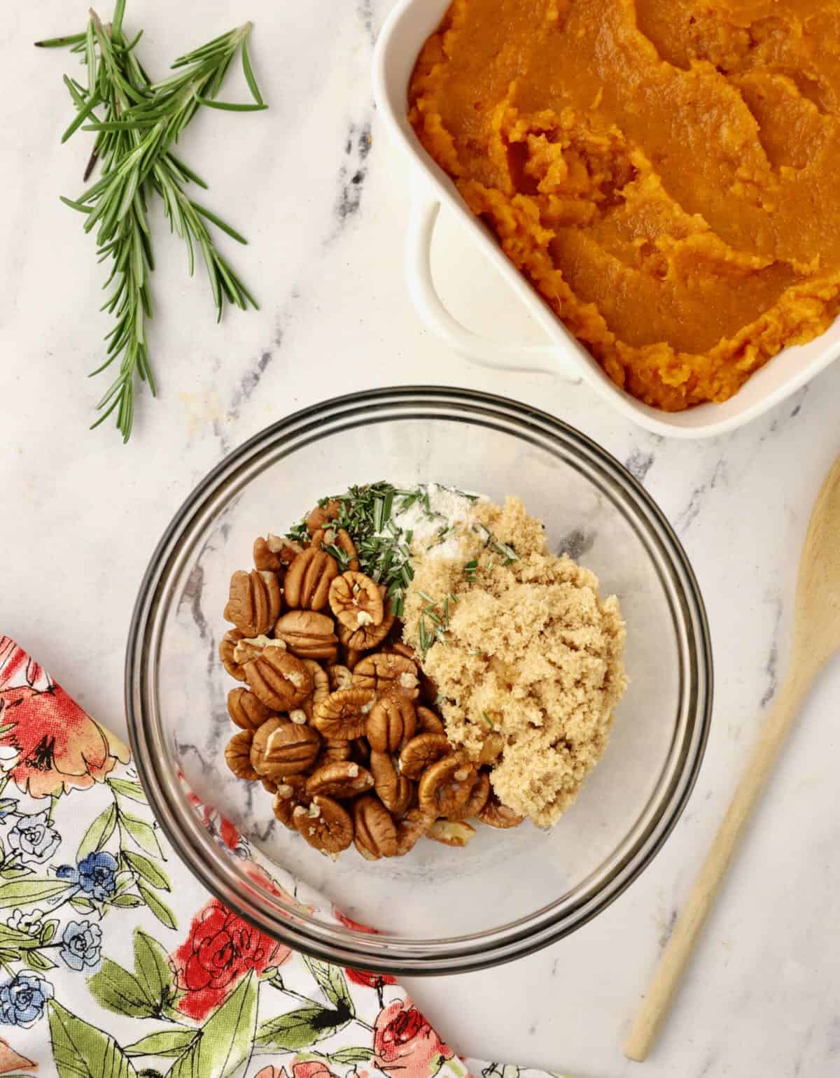 Pecans, brown sugar, and butter in a small mixing bowl. 