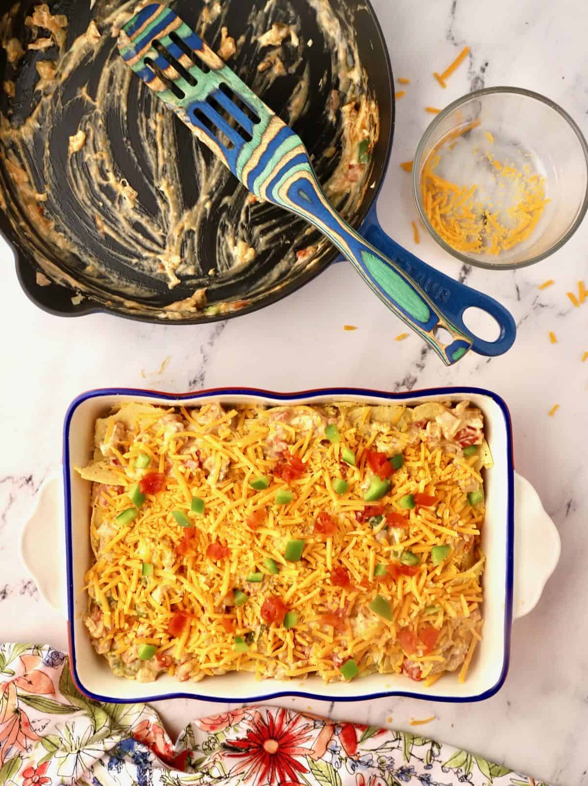 King Ranch Chicken Casserole ready for the oven. 