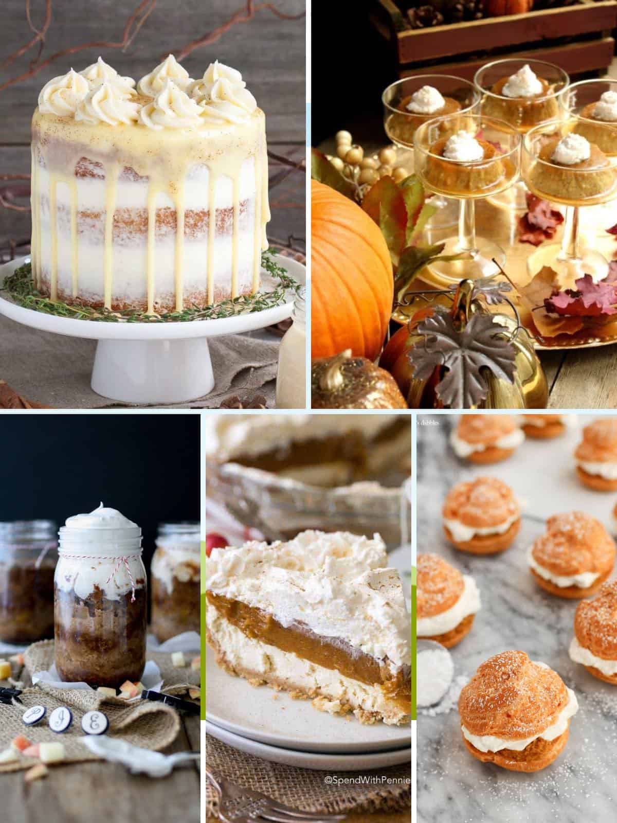 A collage of Thanksgiving desserts including pumpkin flan and eggnog cake. 