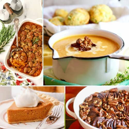A collage of sweet potato recipes including a pie, soup, and two casseroles.