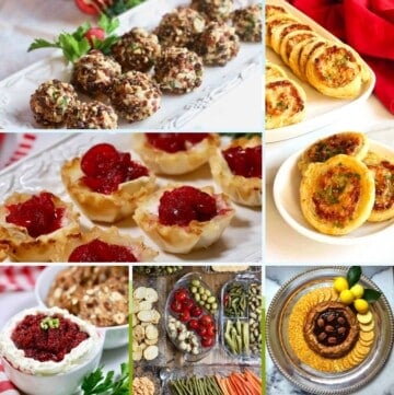A collage of six different christmas appetizers including cranberry brie bites.