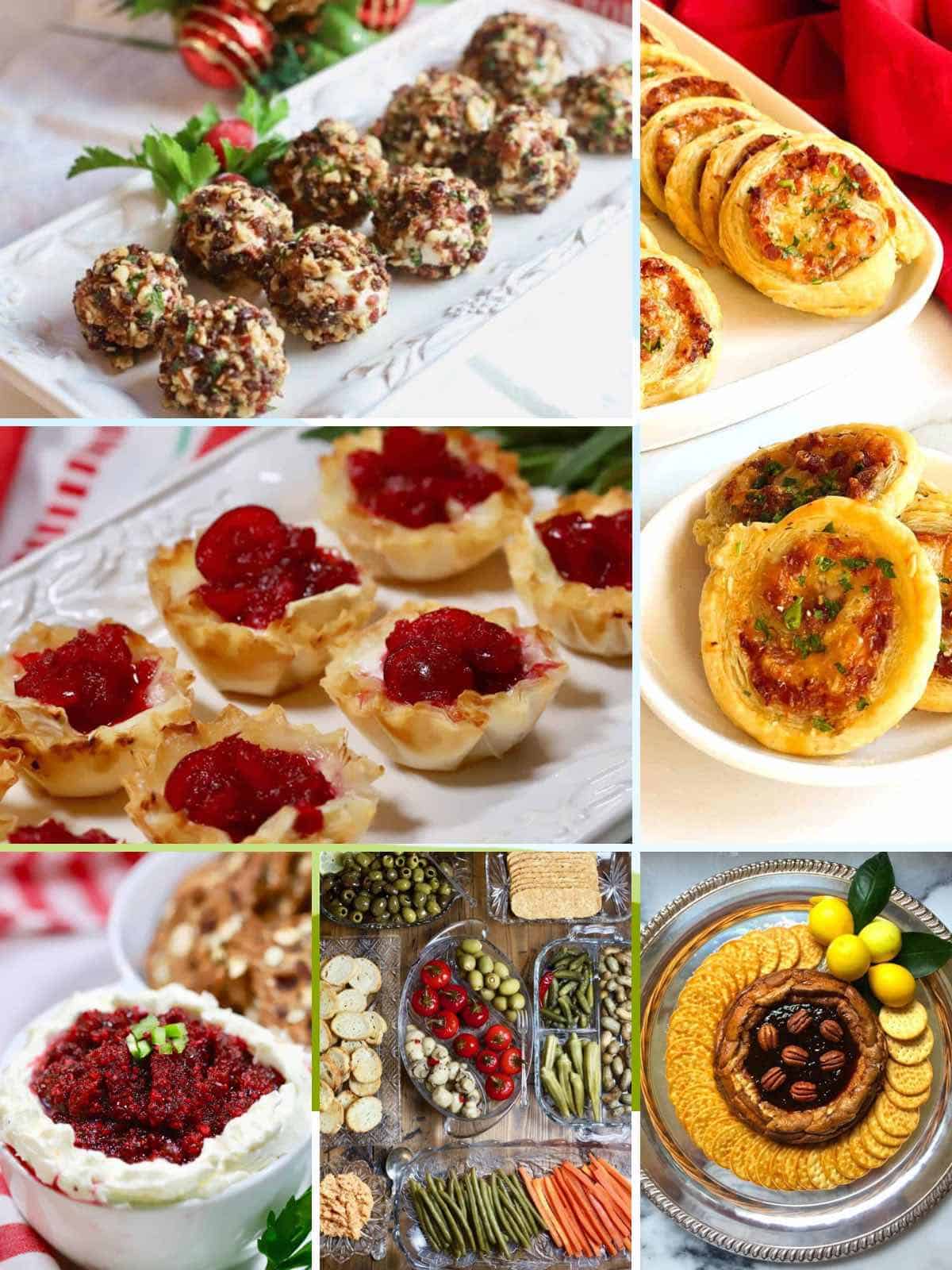 A collage of six Christmas appetizers including ham and cheese pinwheels, cranberry brie bites, and cranberry goat cheese balls. 