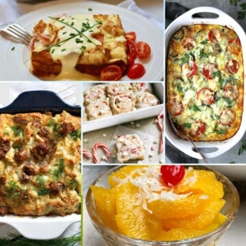 A collage of six Christmas breakfast dishes including eggs benedict casserole and ambrosia.