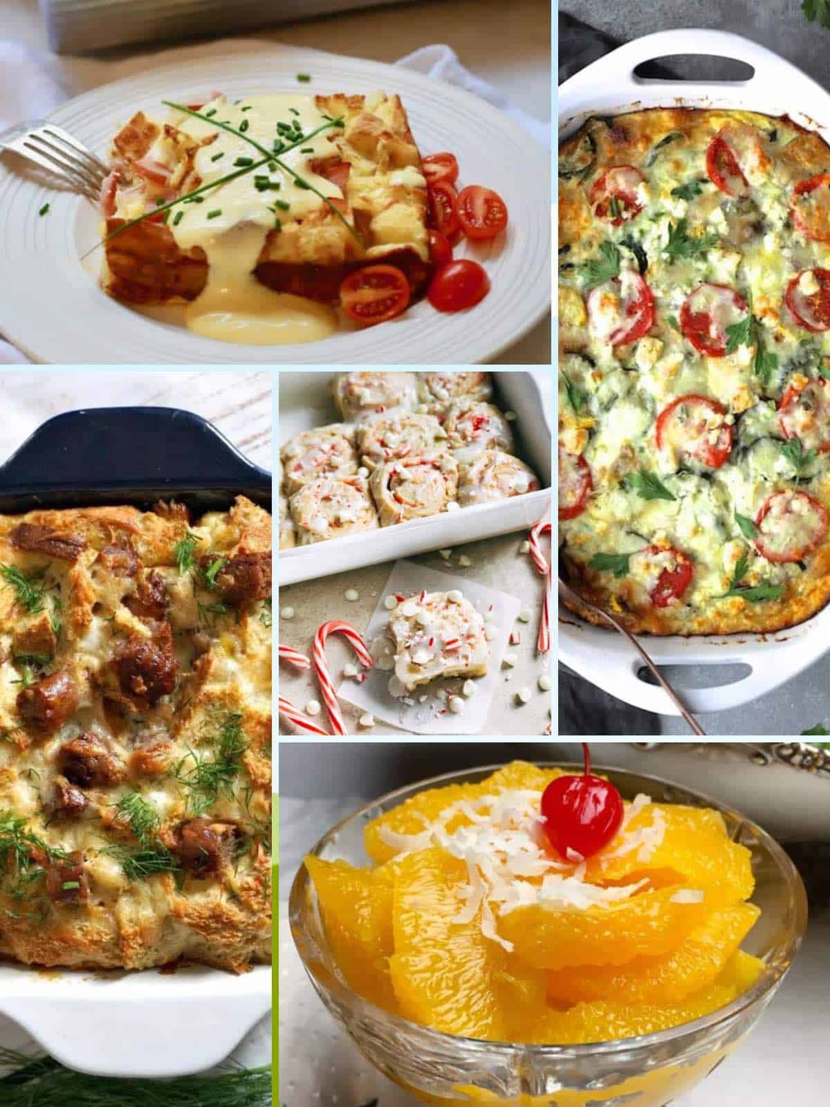 A collage of Christmas breakfast dishes including ambrosia and a strata. 