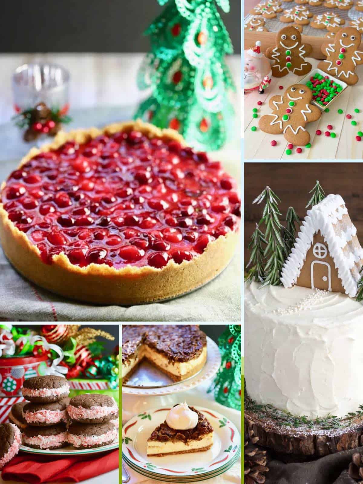 A cranberry cheesecake, gingerbread cookies, peppermint whoopie pies, and a pecan cheesecake.