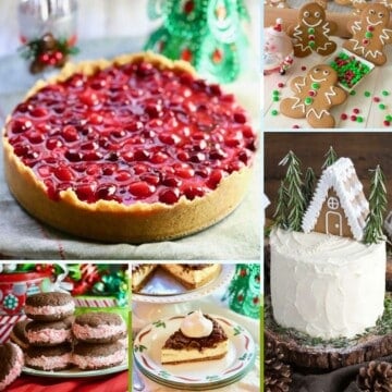 Five Christmas desserts including a cranberry cheesecake, gingerbread cookies and a gingerbread cake.