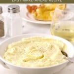 Pinterest pin showing a white serving dish full of mashed potatoes.