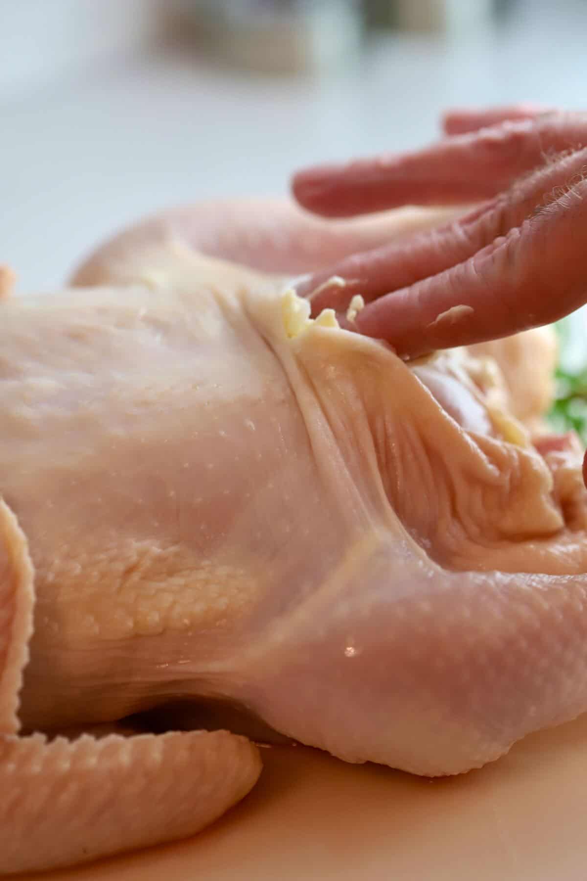 Spreading softened butter over an uncooked whole chicken using fingers. 