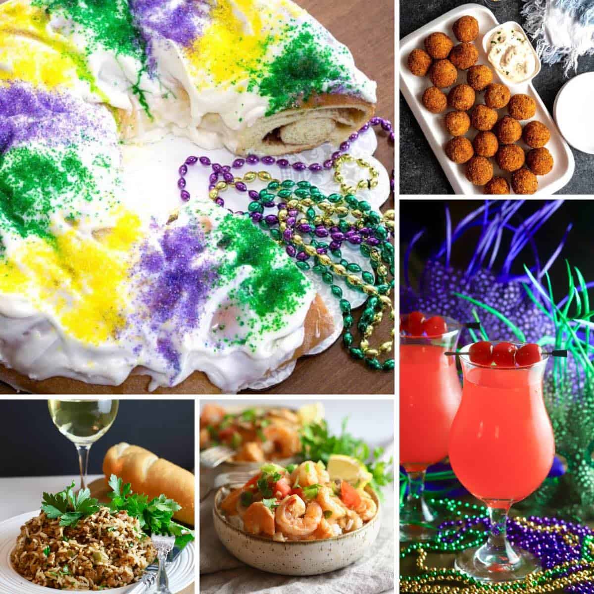 A collage of five different Mardi Gras dishes including a King Cake and Hurricane. 