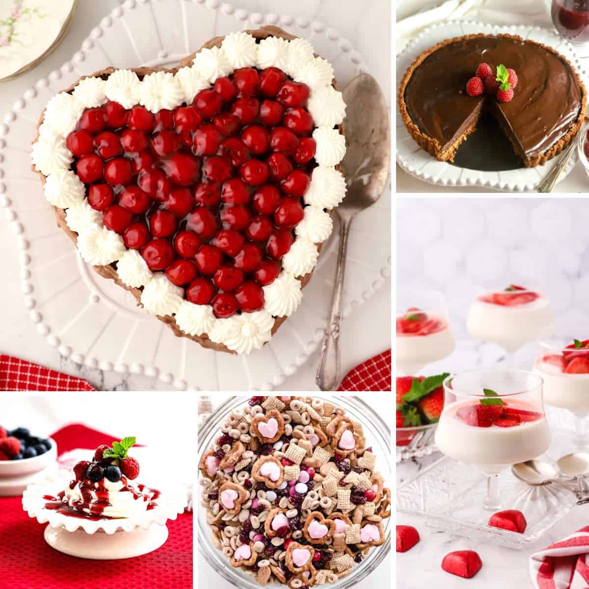 Collage of five different Valentine's Day desserts including a heart shaped cake, chocolate tart and panna cotta. 