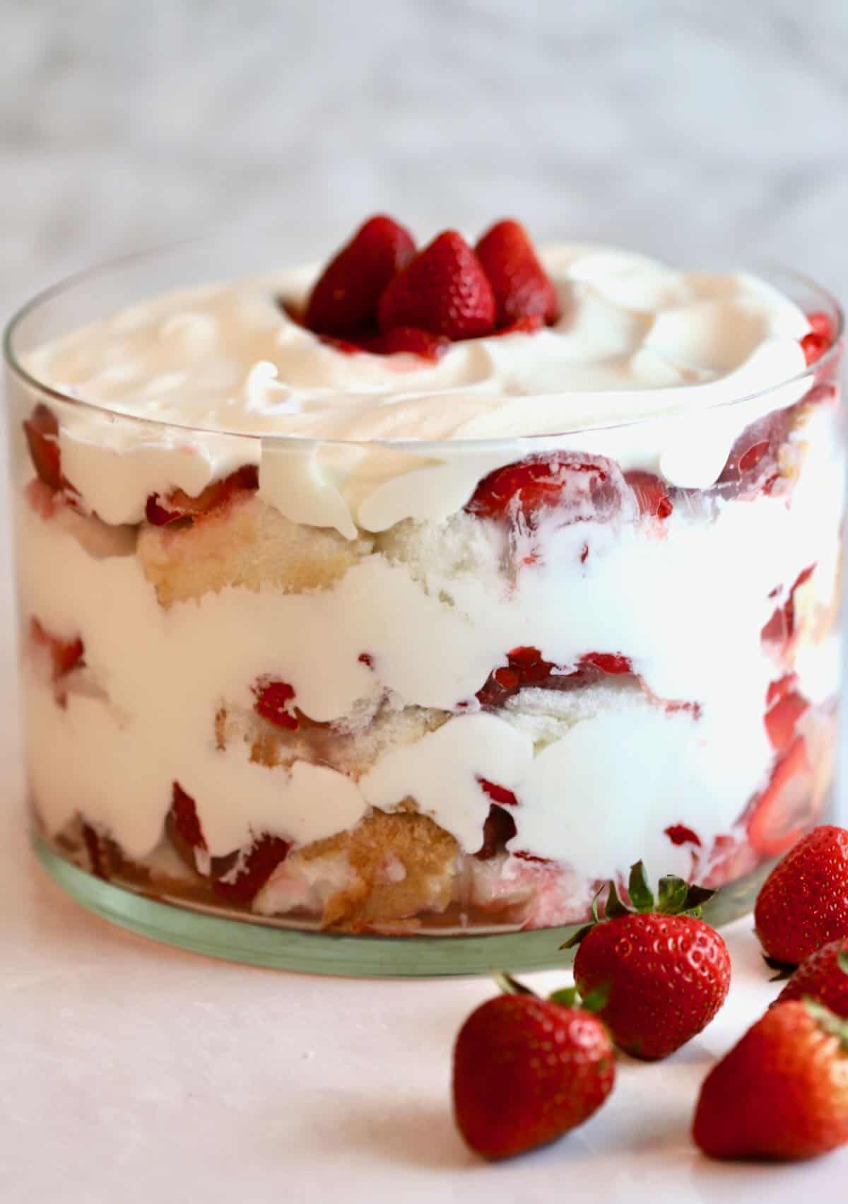 Strawberry Trifle with Angel Food Cake in a clear glass trifle dish. 