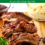 Pinterest pin showing sliced baby back ribs on a cutting board.