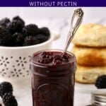 A jar of blackberry jam in a Pinterest pin.