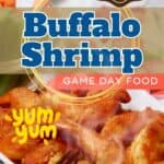 Pinterest pin showing a plate of buffalo shrimp.