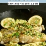 Pinterest pin with a cast iron skillet containing pan-seared grouper fillets.